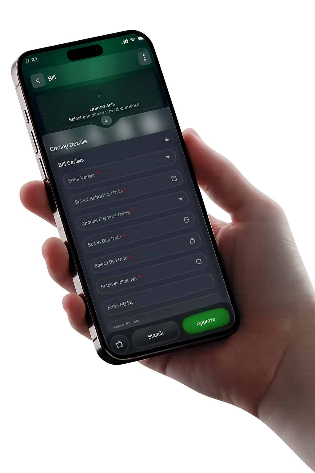 A hand holding a smartphone with our application open on the screen.